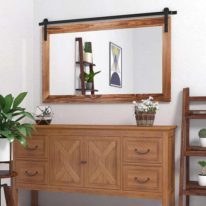 COGOOD Farmhouse Barn Door Mirror - 41" x 26" Rustic Wood Framed Wall Mirror for Bathroom, Living Room, Bedroom Wall Decor (Brown)