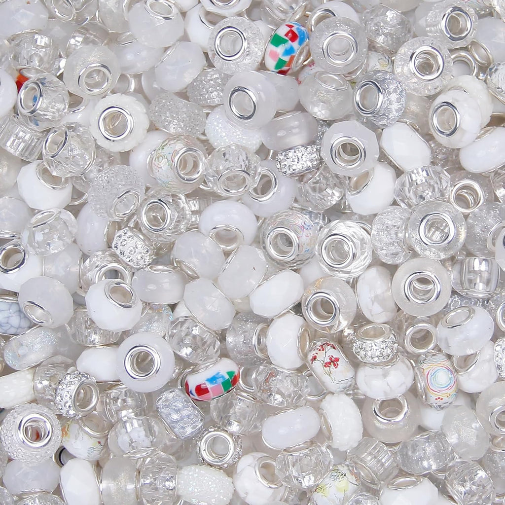 500 Pcs European Craft Beads Large Hole Spacer Beads, Assorted European Craft Bead White Rhinestone Lampwork Beads Large Hole Spacer Bead for DIY Charms Bracelet Necklace Jewelry Making Supplies