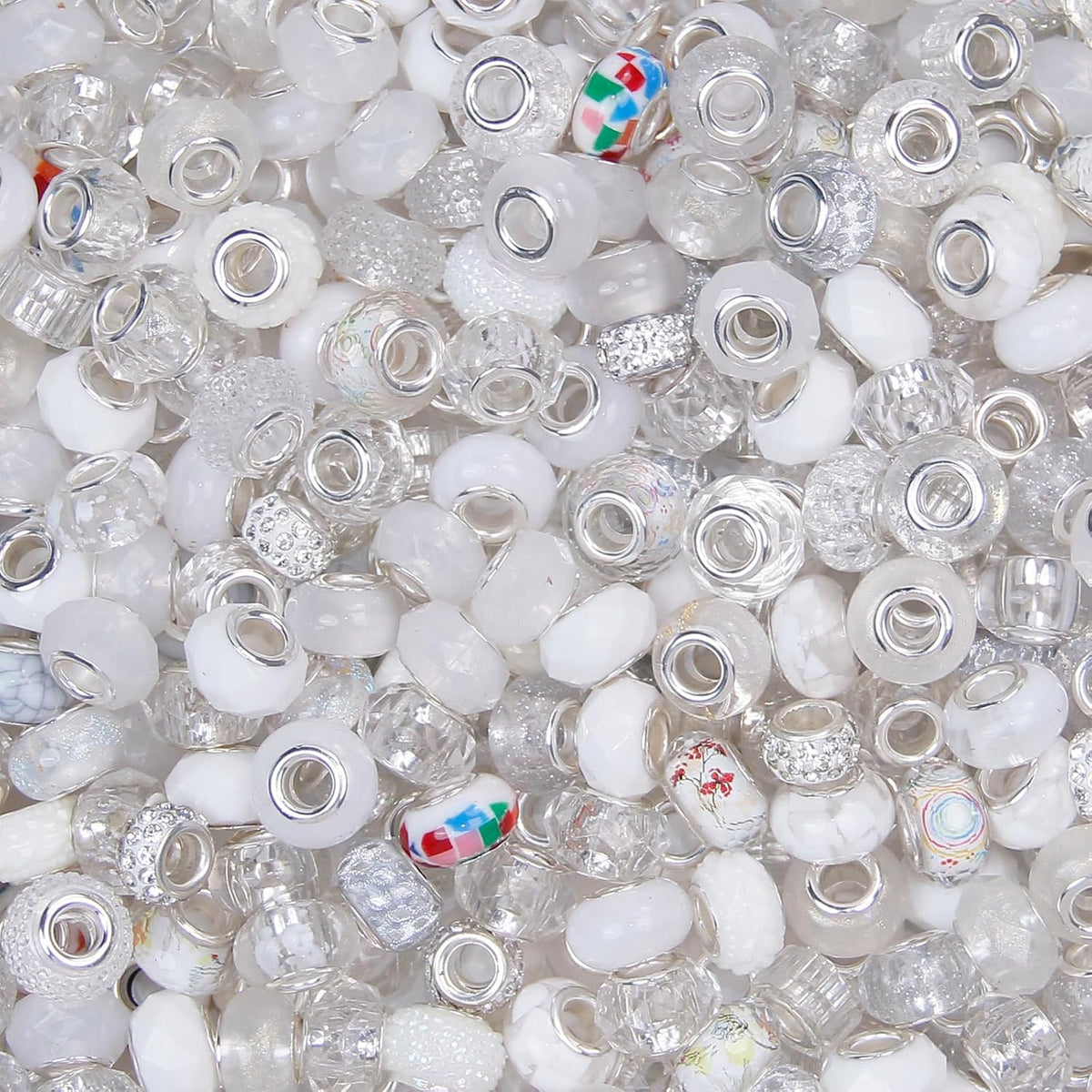 500 Pcs European Craft Beads Large Hole Spacer Beads, Assorted European Craft Bead White Rhinestone Lampwork Beads Large Hole Spacer Bead for DIY Charms Bracelet Necklace Jewelry Making Supplies