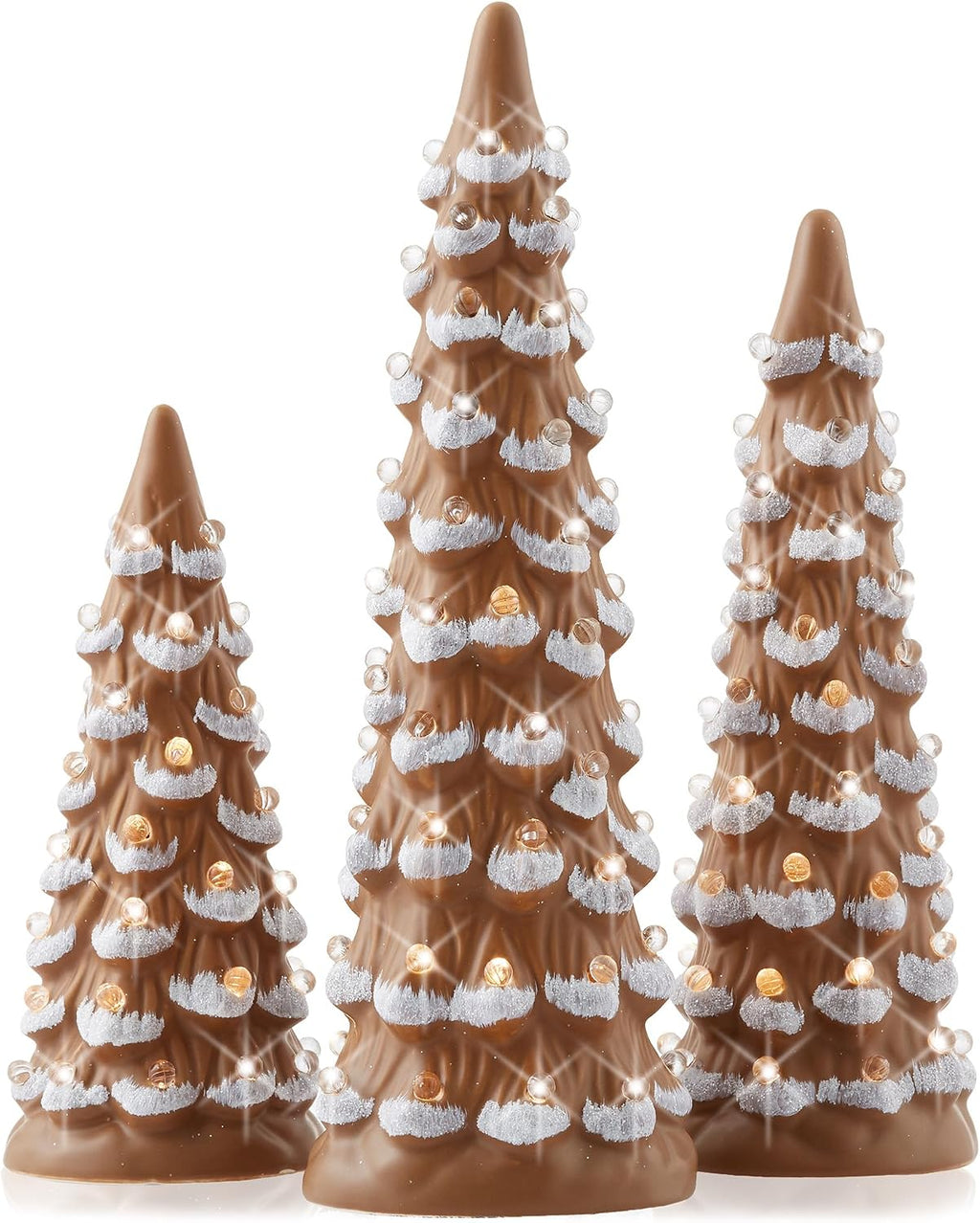 Casafield Set of 3-8, 10, 12-Inch Hand Painted Ceramic Christmas Trees - Gingerbread with White Lights
