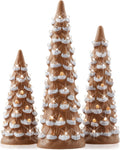 Casafield Set of 3-8, 10, 12-Inch Hand Painted Ceramic Christmas Trees - Gingerbread with White Lights