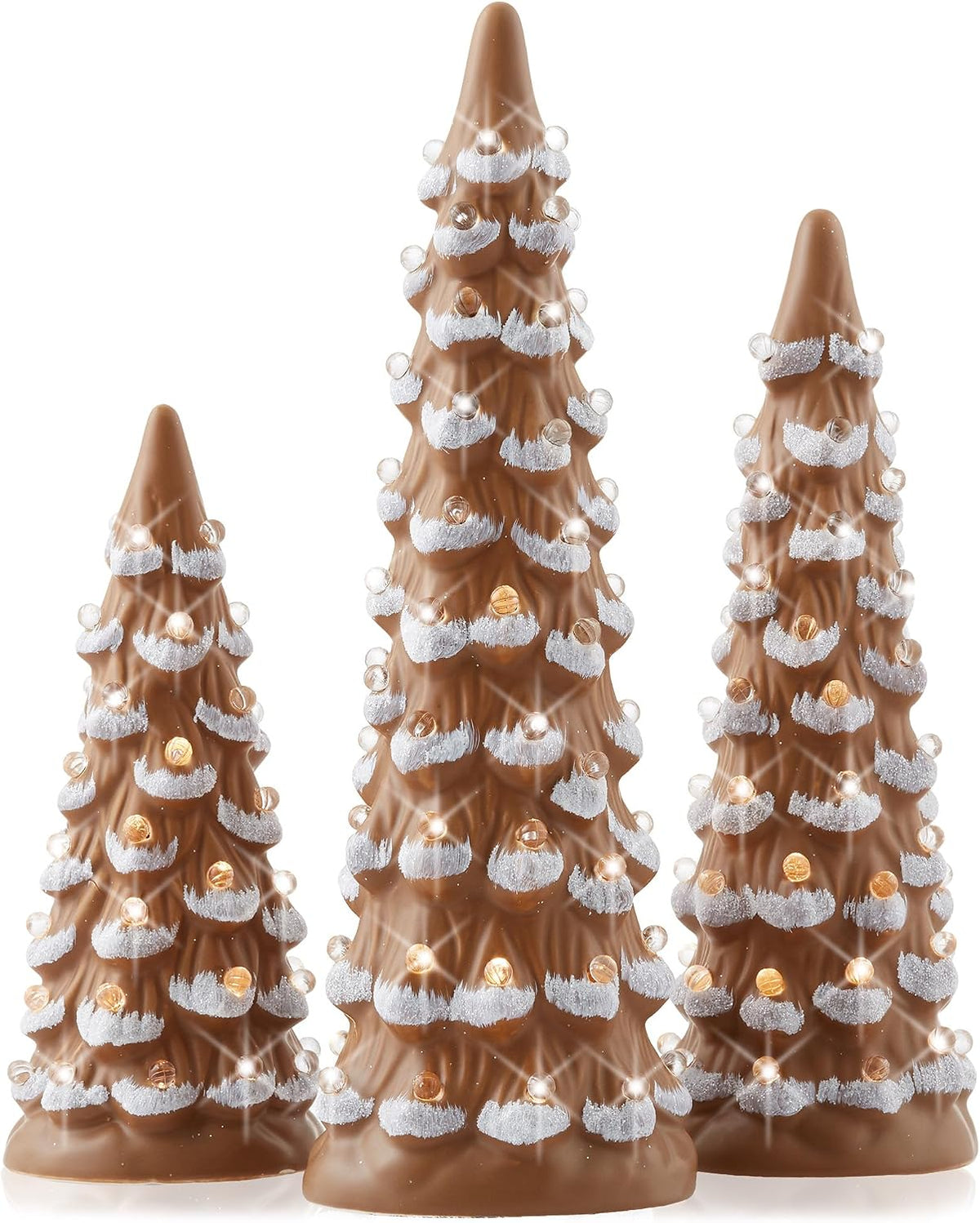 Casafield Set of 3-8, 10, 12-Inch Hand Painted Ceramic Christmas Trees - Gingerbread with White Lights