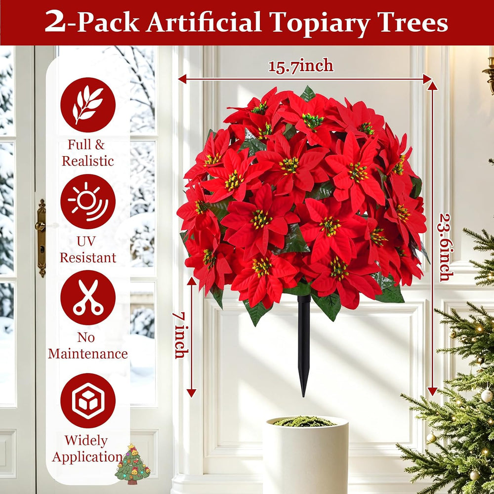 2 PCS Christmas Outdoor Artificial Poinsettia Flower Topiary Trees