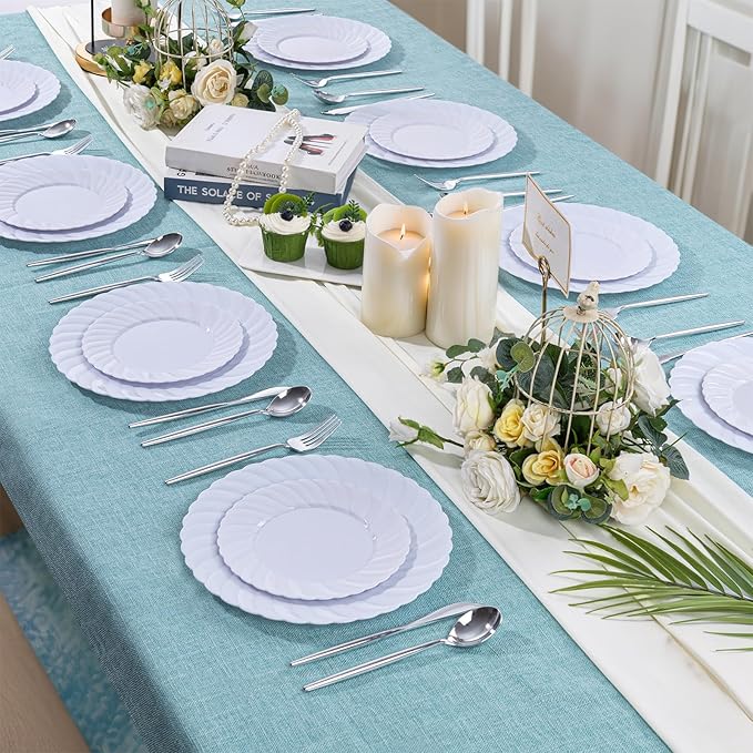 U-QE 60 Pcs White Plastic Plates for Party – Scalloped Plastic Plates Heavy Duty & Elegant – Include 30 10.25" Dinner & 30 7.25" Dessert Plate - Perfect for Weddings, Bridal Showers and Parties