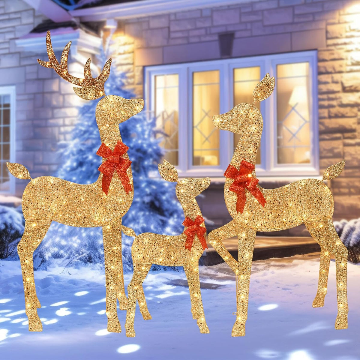 HOYECHI 5 FT Oversized Christmas Decorations Outdoor Lighted Reindeer – 3-Piece 2D Deer Family Set with 160 Warm White LED Lights for Yard, Lawn, Garden & Porch Holiday Display - Gold