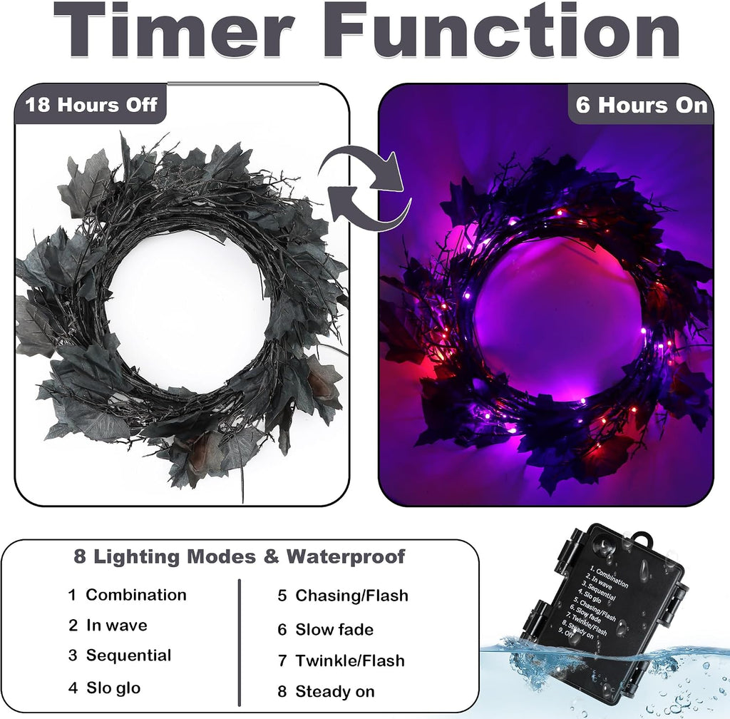 9 FT 72 LED Willow Vine Twig Decor Black Halloween Garland with Orange & Purple Lights, 8 Modes & Timer Waterproof Battery Operated for Home Fireplace Mantle Wall Office Indoor Halloween Decorations