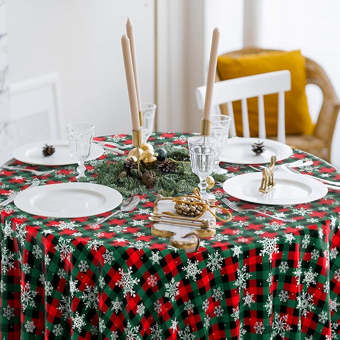 12Pcs Christmas Buffalo Plaid Snowflake Party Tablecloths Decorations,Plastic Red and Green Checkered Round Table Cover for Winter Christmas New Year Birthday Holiday Party Decorations,84 inch