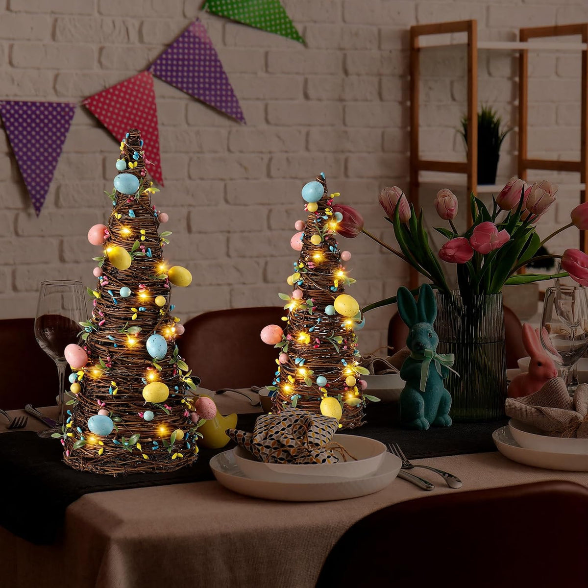 Soulchen 2 Pcs Easter Rattan Cone Tree Decoration Artificial Table Tree with Pastel Berries LED Lights for Easter Porch Kitchen Mantle Table Decor Spring Centerpiece Decorations