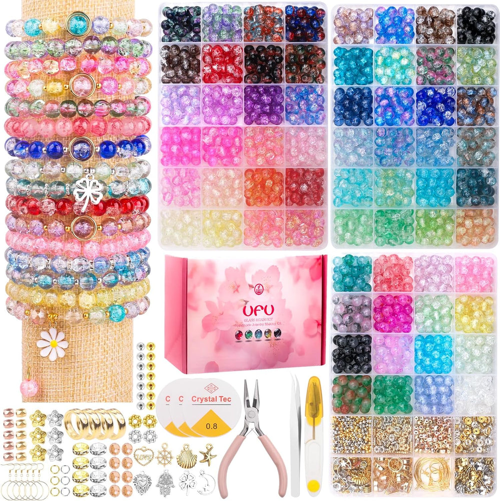 2258PCS Glass Beads Bracelet Making Kit with Tools, Crackle Floral Colors