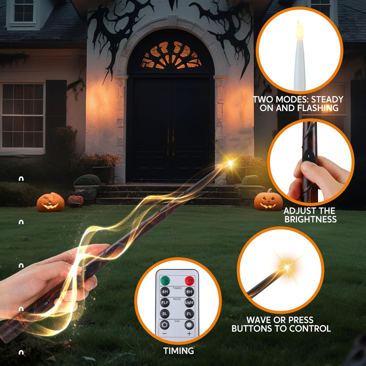 JOYIN 20Pcs Halloween Floating Candles and Witch Hat Light Up with Wand Remote Set Magic Hanging Candles and Wizard Hat with 2 Light Mode and Timer for Halloween Window Ceiling Porch Theme Party Decor