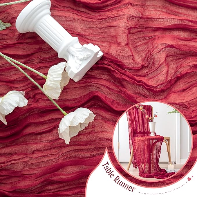 Sioloc Burgundy Red Cheesecloth Table Runner Fall Autumn Decor for Home 10ft Table Cloth for Wedding Birthday Party Bridal Shower Christmas Halloween Thanksgiving