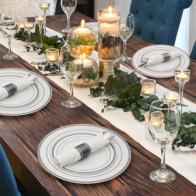 Goodluck 175 Piece Silver Plastic Dinnerware Set for 25 Guests, Fancy Disposable Plates for Party, Include: 25 Dinner Plates, 25 Dessert Plates, 25 Pre Rolled Napkins with Silver Silverware, 25 Cups