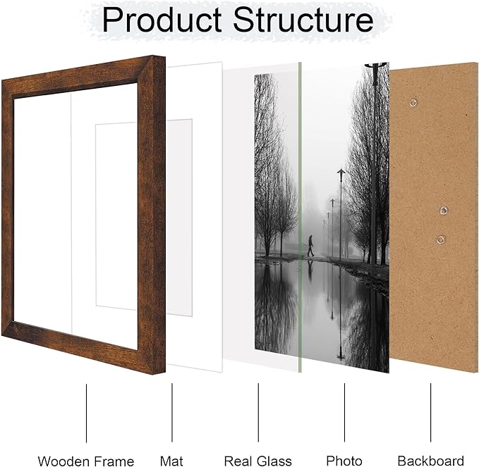 11x14 Picture Frame Set of 4 with Tempered Glass, Rustic Frame Display 8x10 Pictures with Mat or 11 x 14 Without Mat, Wooden Photo Frames for Wall Mounting