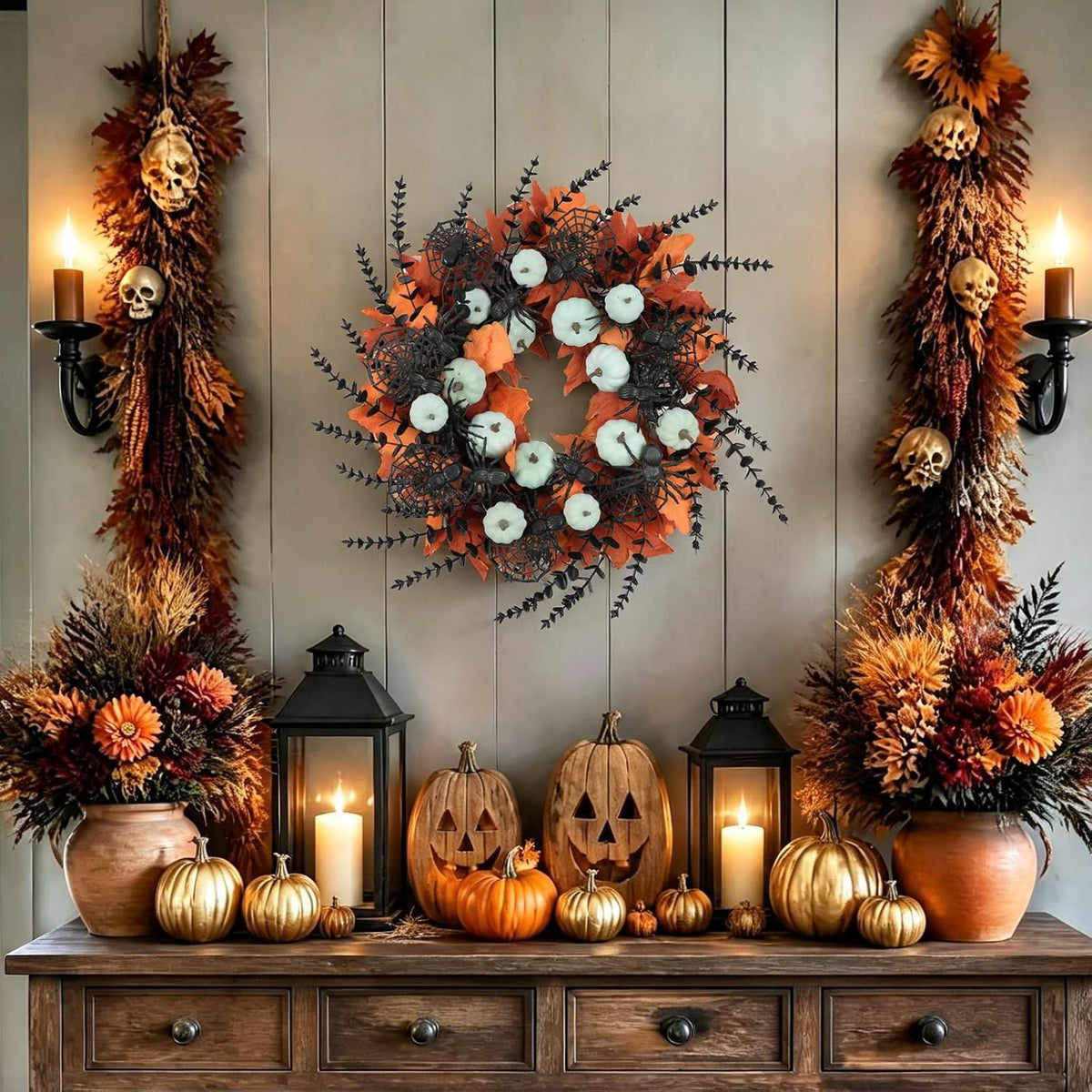 idyllic 24" halloween wreath pumpkins maple black spiders, side view