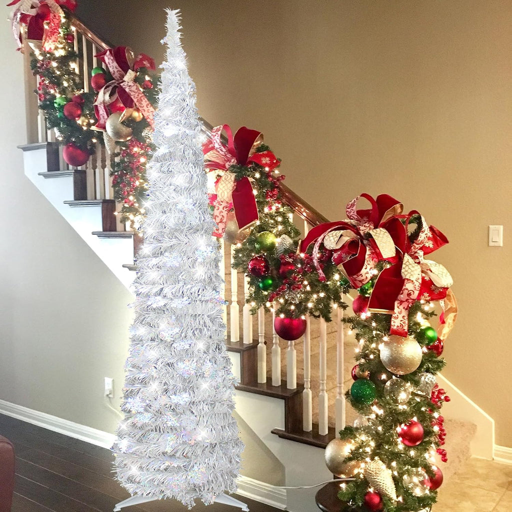 5ft pop up christmas tree pre-lit silver tinsel showing dimensions