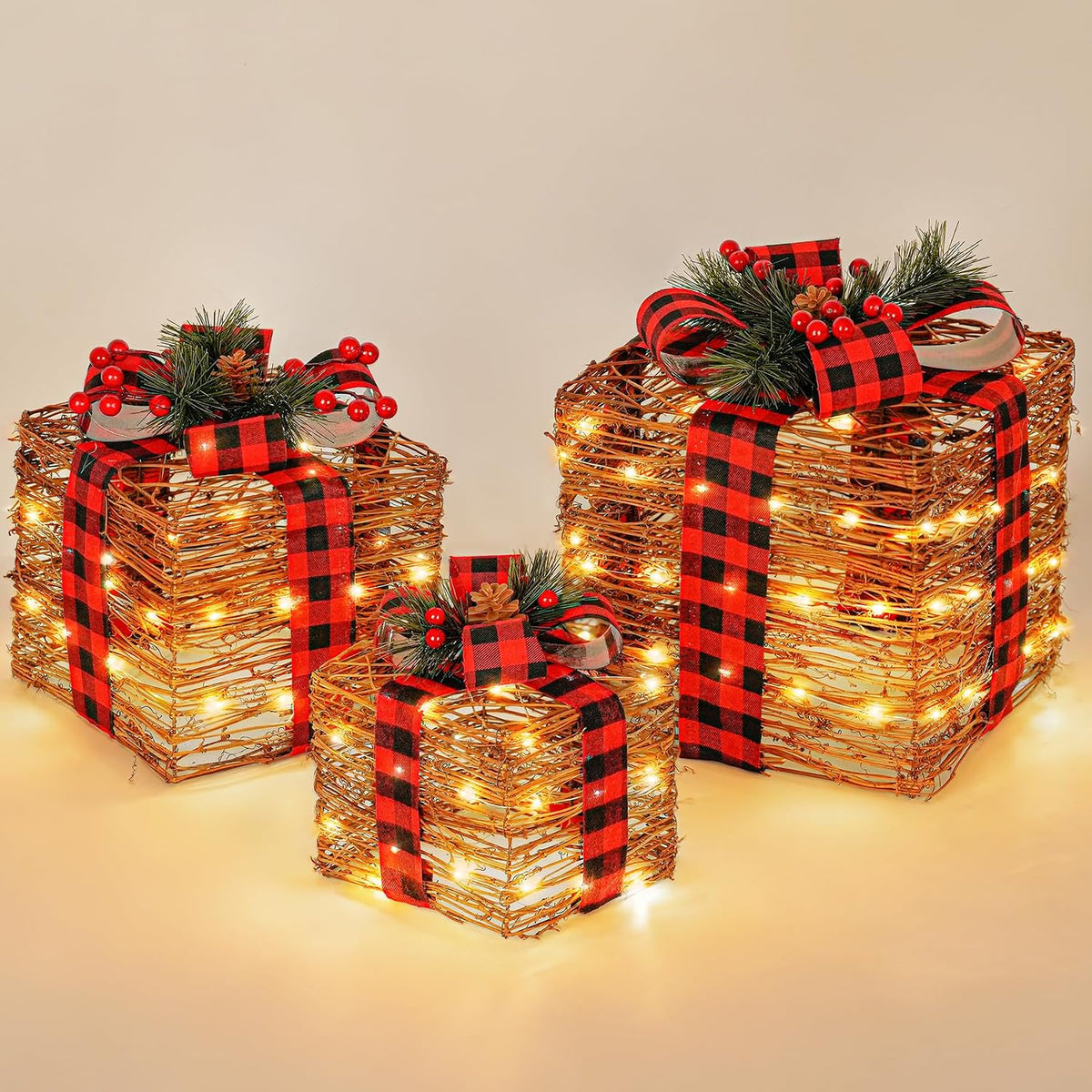 LAWOHO A Set of Three-Piece Christmas Lighting Gift Boxes 12.2in,Battery&USB Operated LED Light Imitation Rustic Rattan Gift Boxes with Bow Christmas Holiday Party Farmhouse Xmas Decorations,3 Sizes