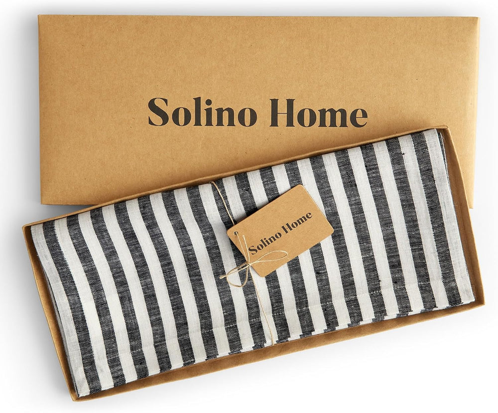 Solino Home 100% Pure Linen Table Runner, 14 x 90 in, Black, Amalfi Stripe