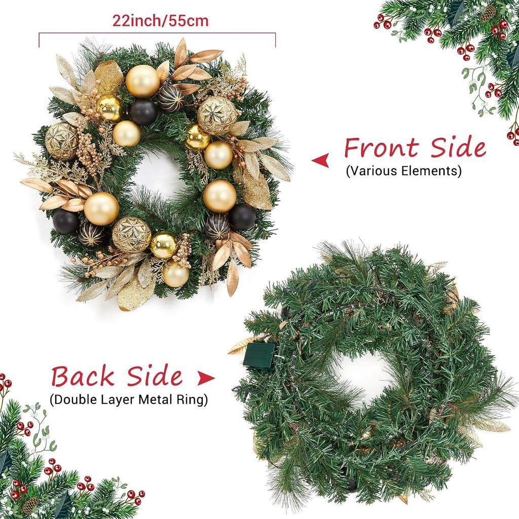 22 in artificial christmas wreath, pre-lit lighted christmas, side view