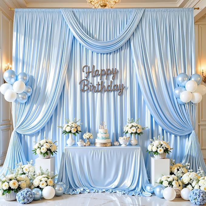 Blue Glitter Backdrop Curtain for Parties Wedding,10Ft x 10Ft Satin Shimmer Photo Backdrop,Non-Wrinkle Sparkle Drapes for Backdrops,Back Drop for Photography, Birthdays,Weddings,Prom