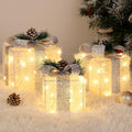 Towponics Set of 3 Christmas Lighted Gift Boxes with Plug, Indoor Outdoor Christmas Decorations with 60 LED Warm White Mini String Lights, Present Boxes with Silver Tinsel for Xmas Tree Porch Decor