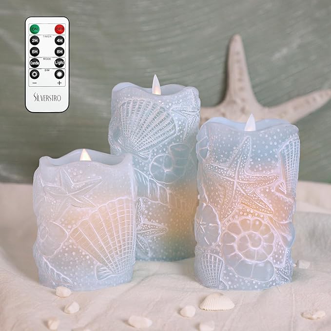 Silverstro Ocean Flameless Candles Remote Carved Seashell Real Wax Flicker Battery Operated Candles for Home Party Wedding Nautical Thanksgiving Christmas Easter Decor - Set of 3(Blue)
