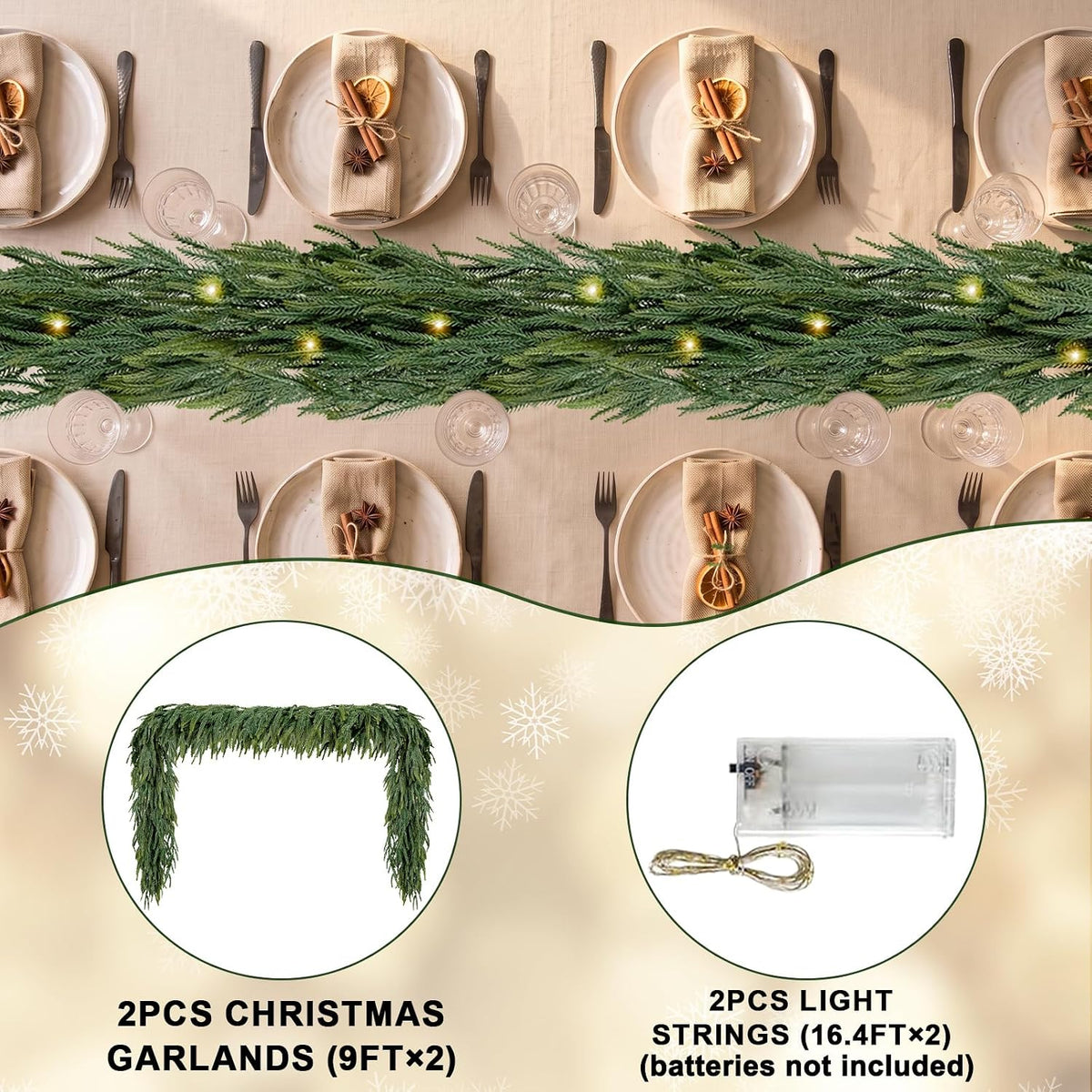 2PCS 9FT Christmas Garland Norfolk Pine Garland with Led Lights