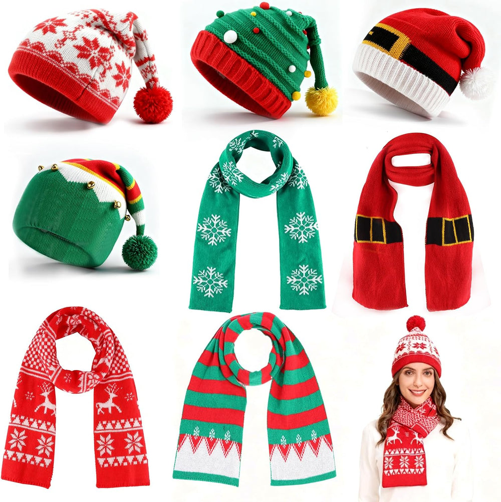 8PCS Christmas Knitted Hat and Santa Scarf Set, Elf Hat Crochet Christmas Sca...