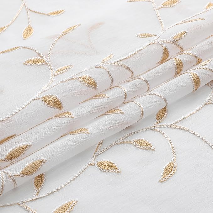 VISIONTEX White Sheer Voile Curtains, Decorative Orange Leaves Embroidery Faux Linen Rod Pocket Window Drapes for Home Kitchen, Living Room and Bedroom 54 x 84 Inch, Set of 2 Curtain Panels