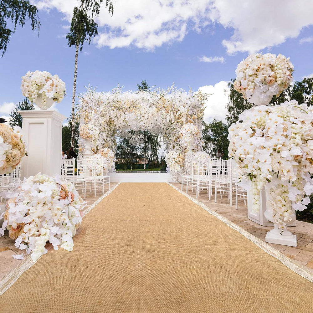 AK TRADING CO. 40" Wide Natural Burlap Wedding Aisle Runner with Ivory L...
