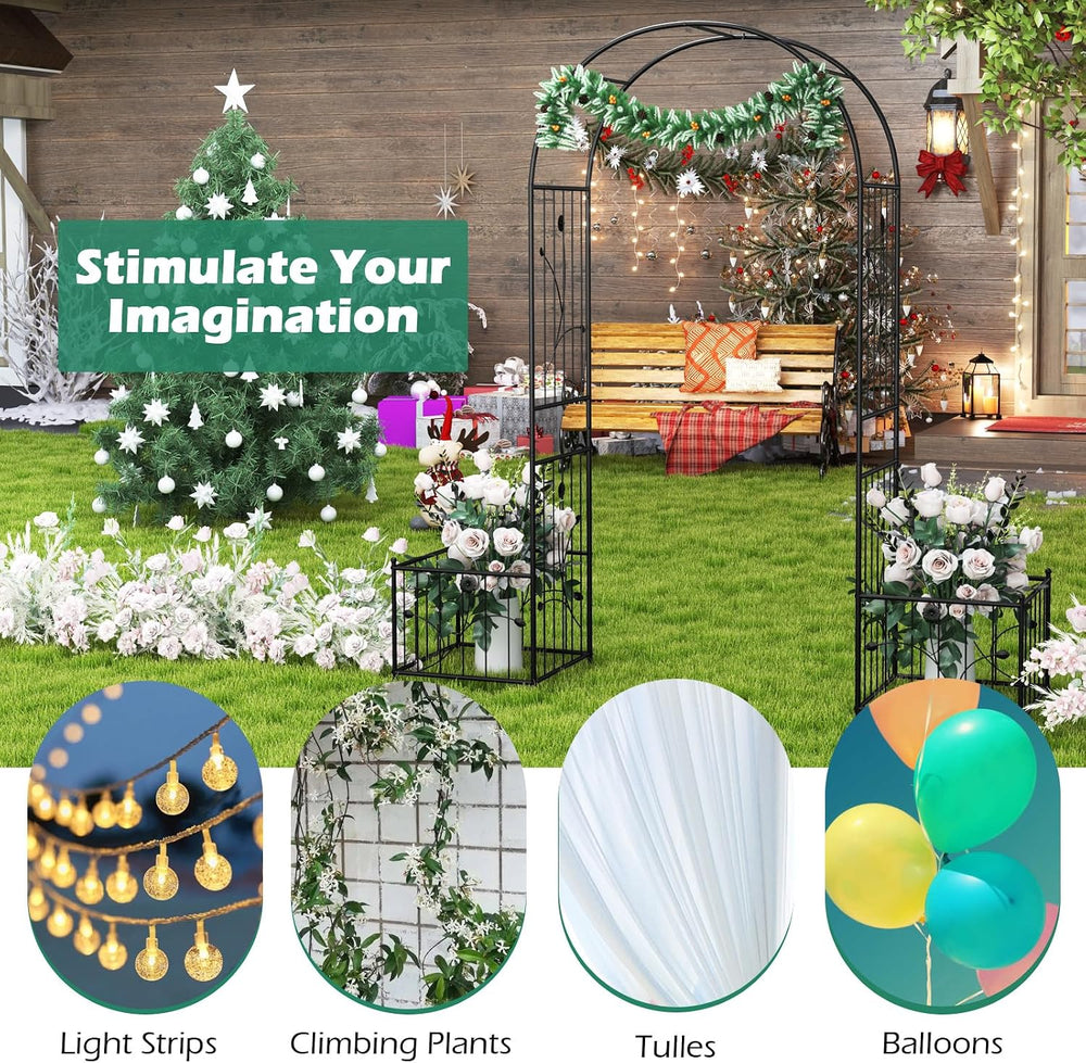 Giantex 86'' Metal Garden Arbor Arch Trellis with Planters, 8 Ground ...