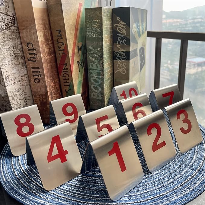 10 Pcs Metal Place Cards Stackable Tent Style Table Numbers，Place Card Holders for Celebration Wedding Party Restaurants Cafes Bars Gatherings meeting Room Board Game Serial (Medium 1-10, Red)