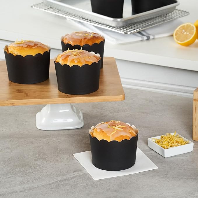 Panificio 10 Ounce Cupcake Wrappers, 200 Scalloped Baking Cups - Oven-Ready, Greaseproof, Black Paper Cupcake Liners, Disposable, For Birthdays, Baby Showers, Or Weddings - Restaurantware (200 Pack)