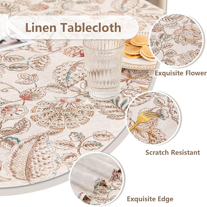 MYSKY HOME 60x120 Rectangle Tablecloth Linen Farmhouse Tablecloth Waterproof Decorative Fabric Table Cloth for Indoor&Outdoor, Floral Brown Tablecloth for 4 Feet Table, Washable