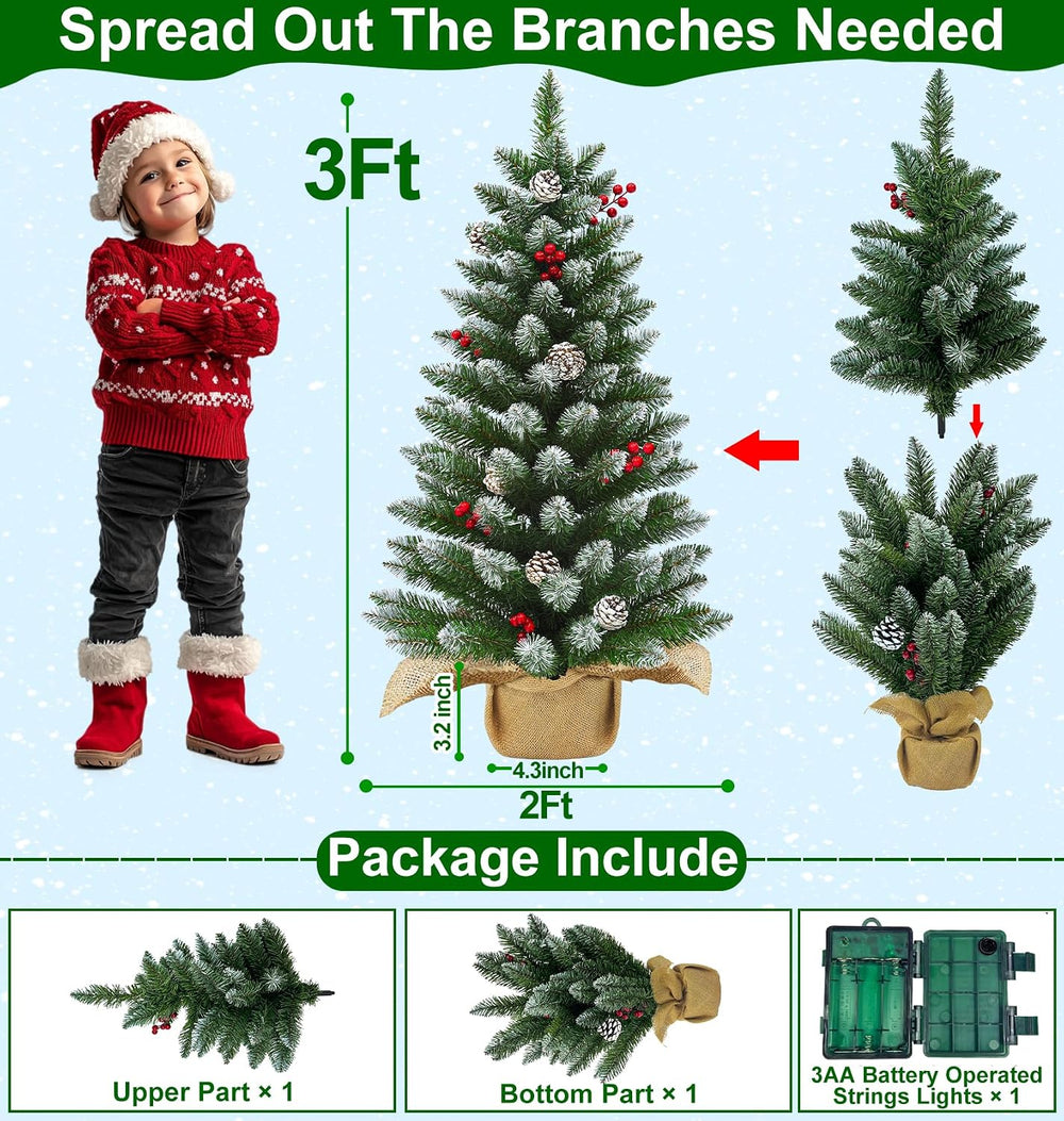 Timer - 3FT Artificial Mini Christmas Tree, Snowy Tabletop Christmas Tree