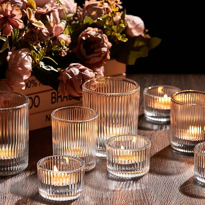 Mumufy 48 Pcs Assorted Votive Candle Holders Ribbed Glass Tealight Candle Holder Bulk for Table Centerpiece, Baby Shower, Home and Wedding Party Decoration (Clear)