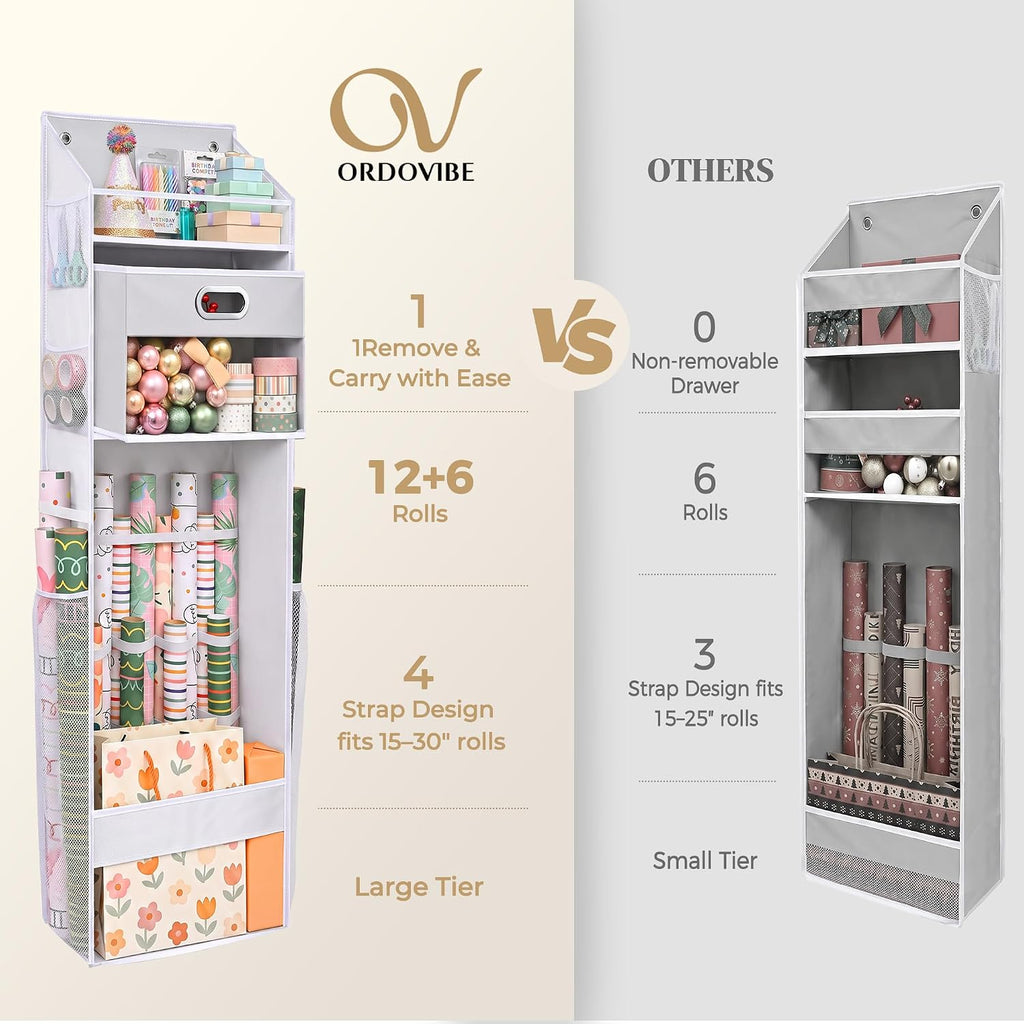 ordovibe wrapping paper storage organizer, over the door, side view