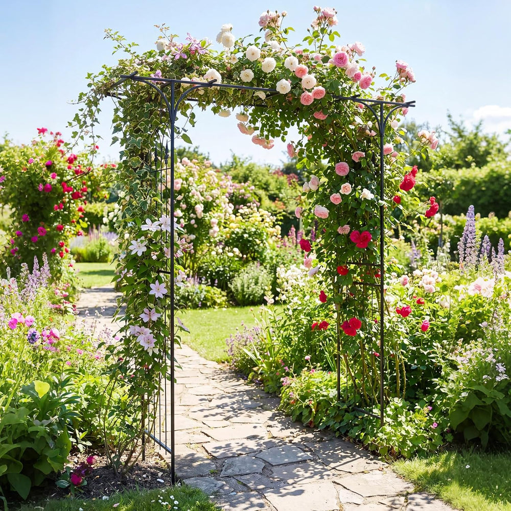 Happygrill 7 FT Metal Garden Arbor with Flat Top Design
