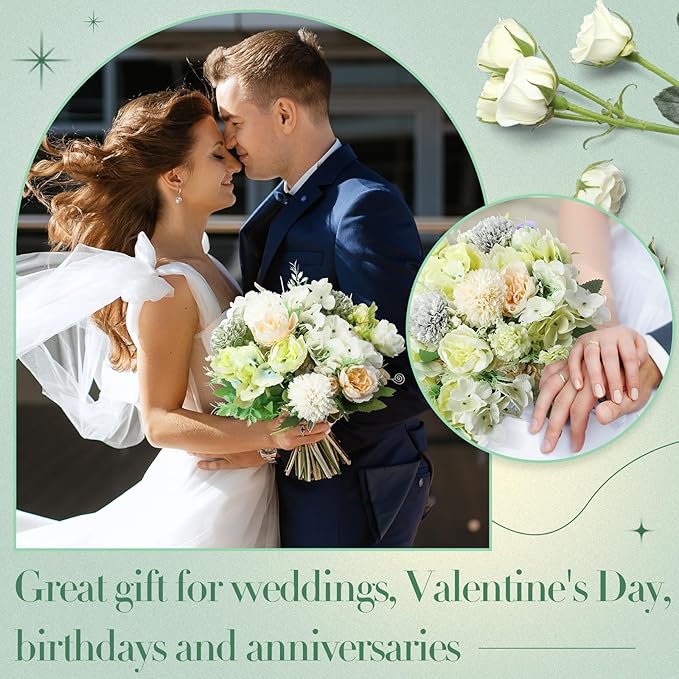 Tigeen Artificial Flowers Artificial Peonies Silk Flowers Faux Peony Fake Peony Silk Hydrangea Bouquet for Wedding Table Centerpiece Floral Vase Decor (White,Green,12 Bundles)