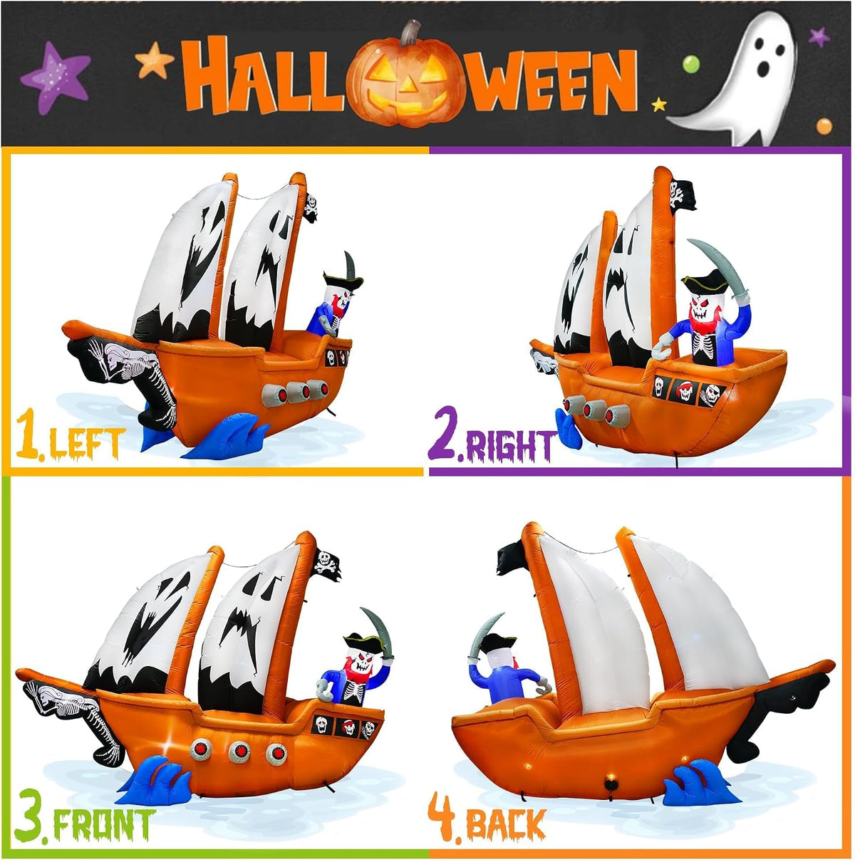 10ft length halloween pirate ship inflatable with pirate, close-up detail