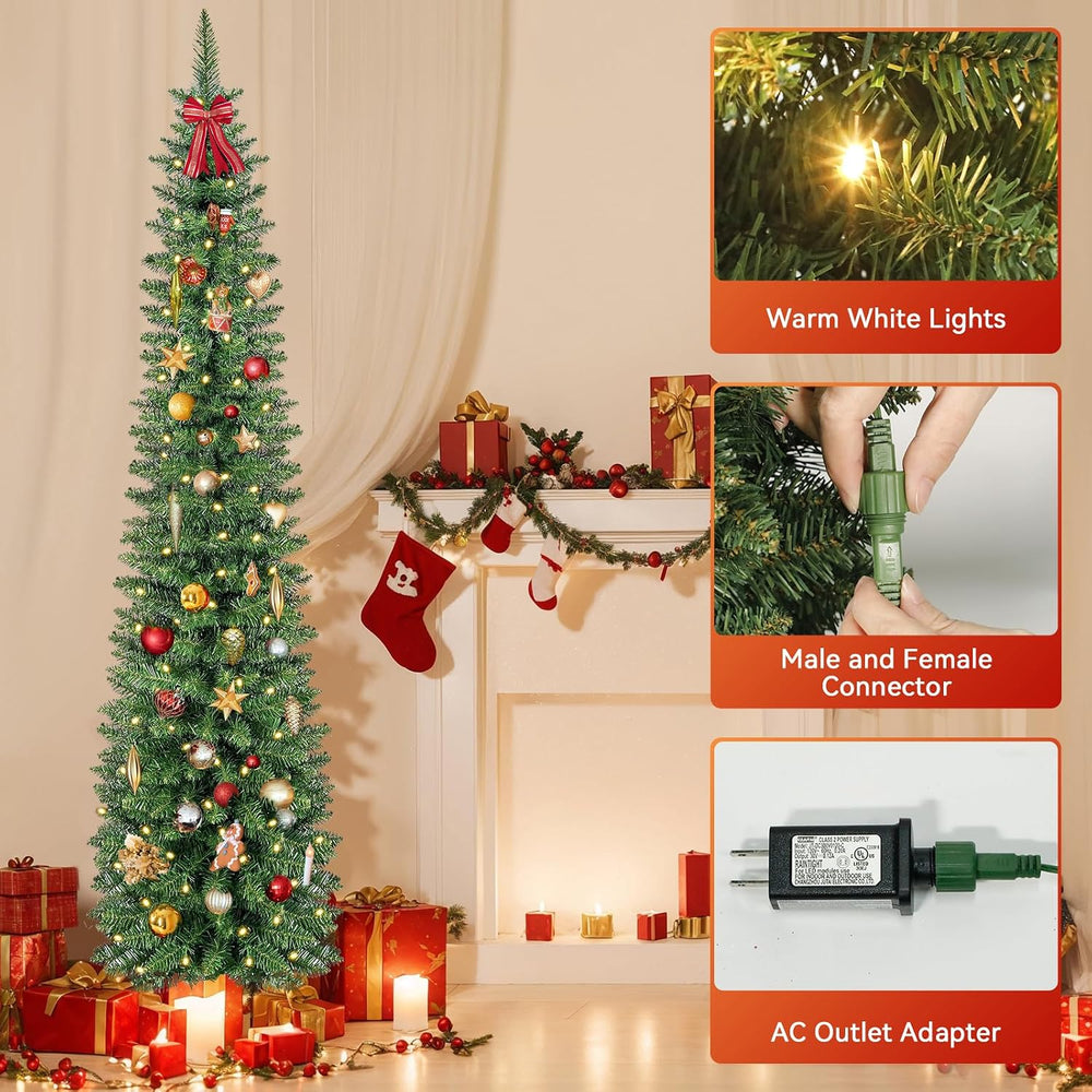 Green Pencil Artificial Christmas Tree Pre-Lit with Warm Lights, Slim Xmas Tr...