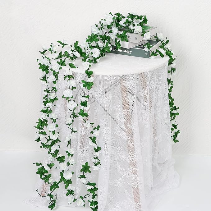 KHOYIME 18 Pack 144 FT Artificial Flower Garland, Fake White Roses Vines Silk Flowers Faux Plastic Outdoor Hanging Floral Ivy Garland Decoration for Wedding Arch Bedroom Home Wall Backdrop Room Decor