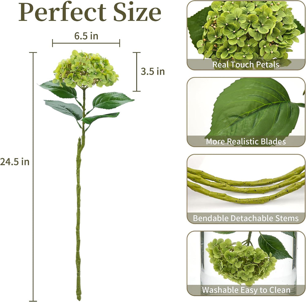 5Pcs Latex Real Touch Hydrangea Fake Flowers, 24.5 Inch, Green