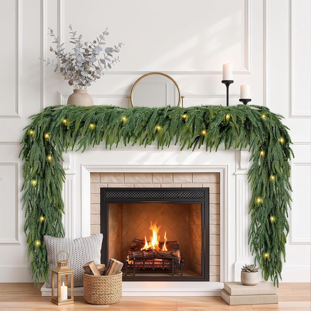 2PCS 9FT Christmas Garland Norfolk Pine Garland with Led Lights