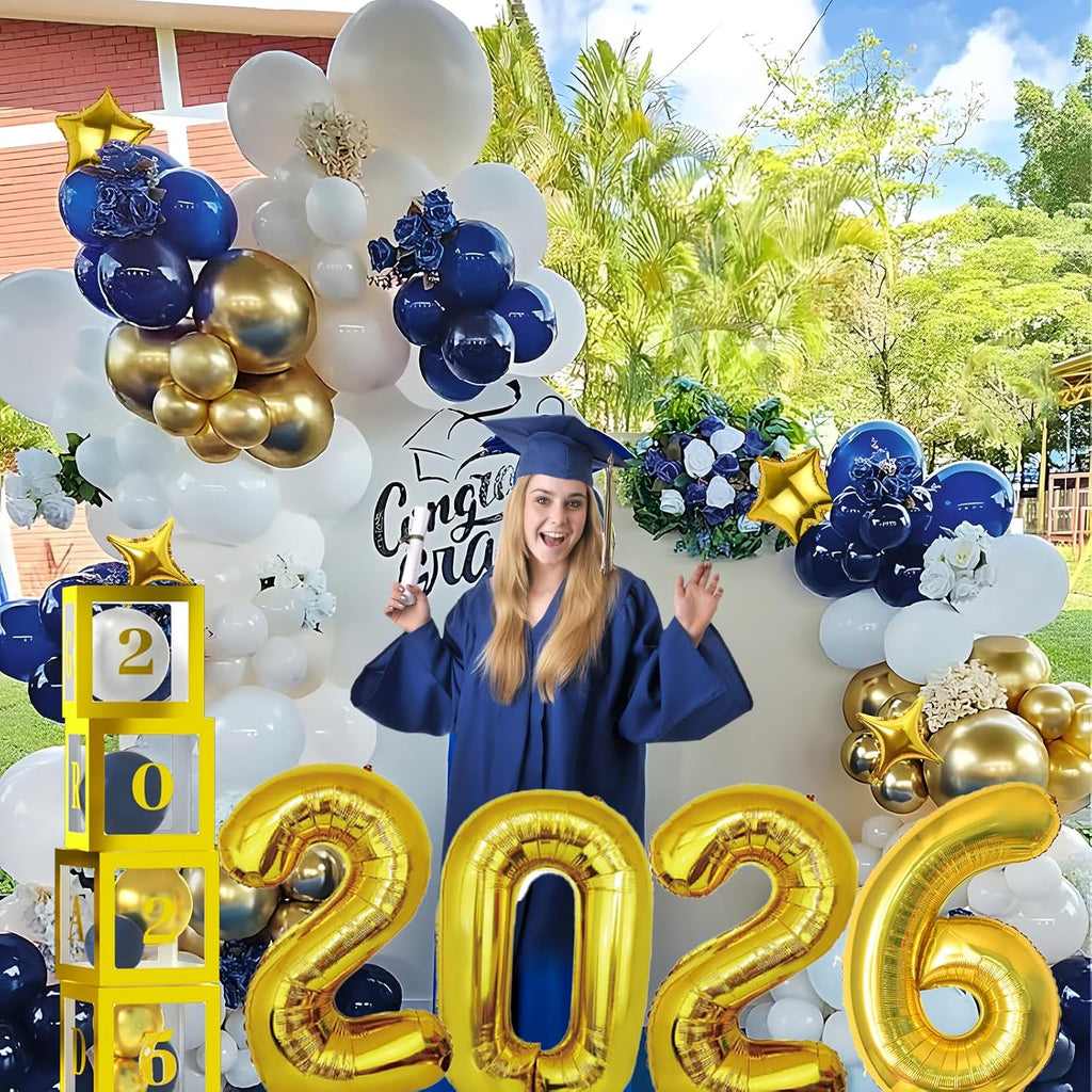 Navy Blue and Gold Graduation Balloons Garland Arch Kit with Backdrop GRAD Balloon Box and Number 2026 Balloons for Graduation Decorations Class of 2026 Grad Party Supplies