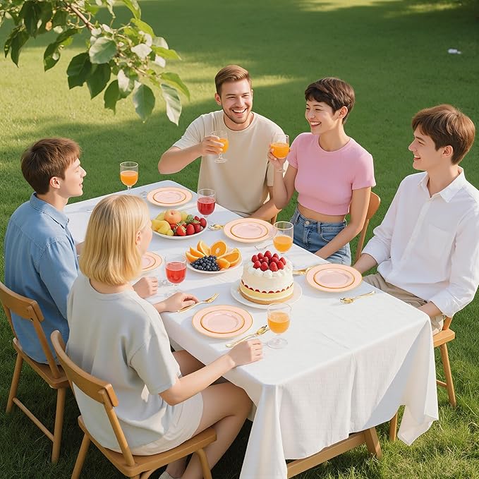 SUT 350 Pcs Pink and Gold Plastic Dinnerware Set for 50 Guests, Include: 50 Dinner Plates, 50 Dessert Plates, 50 Pre Rolled Napkins With Silverware, 50 Cups, Disposable Plates for Baby Shower, Party