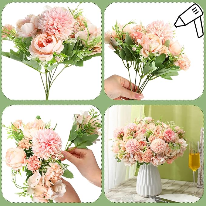 Tigeen Artificial Flowers Artificial Peonies Silk Flowers Faux Peony Fake Peony Silk Hydrangea Bouquet for Wedding Table Centerpiece Floral Vase Decor(Light Pink,12 Bundles)