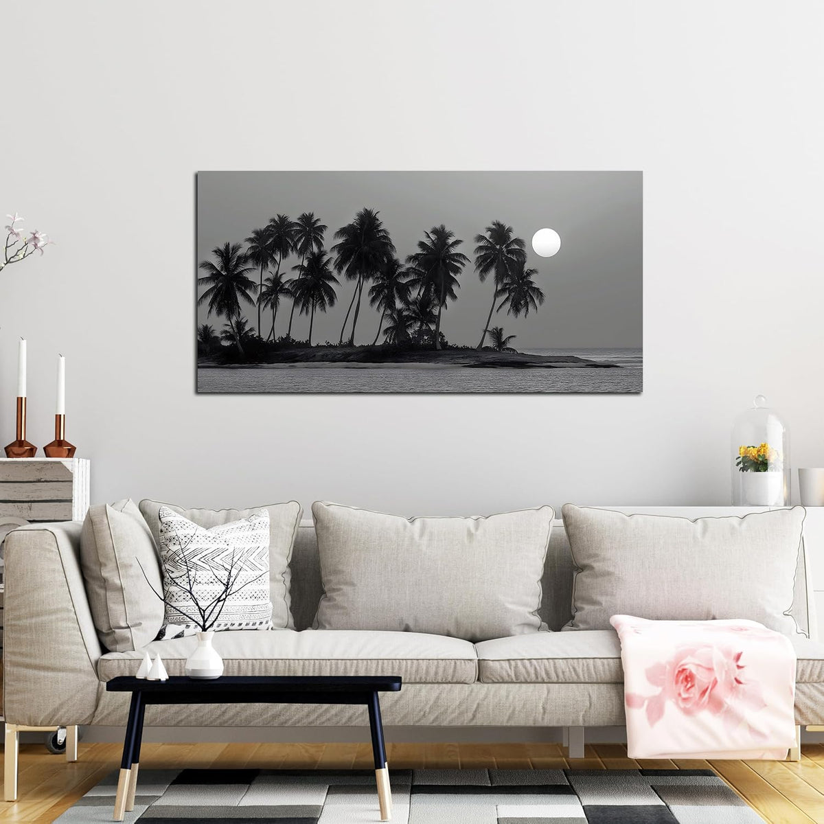black and white wall art coastal landscape ocean shown in use