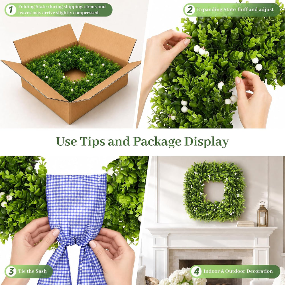 20'' Artificial Square Boxwood Wreaths for Front Door with Berries &a...