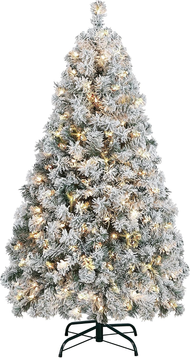 Yaheetech 4.5ft Pre-Lit Snow Flocked Artificial Christmas Tree, 100 Lights