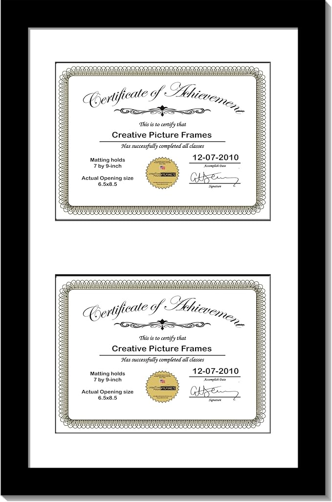 Creative Picture Frames 10X16Bk-B Black Vertical Double Diploma Frame With 2 Opening Black Matting | Holds 2-7X9-Inch Documents With Installed Wall Hanger